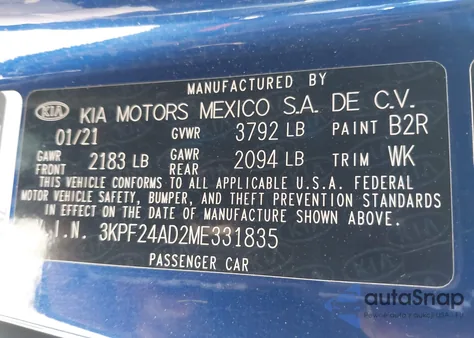 2021 Kia Forte Lxs from USA, damaged, VIN 3KPF24AD2ME331835